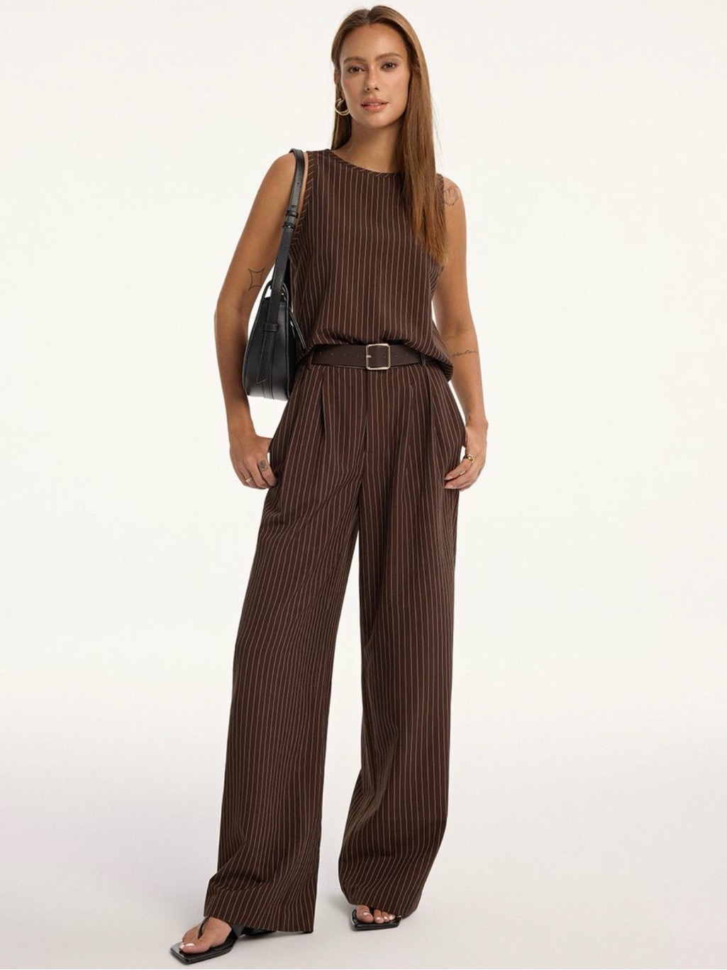 Brown Pinstripe Wide-Leg 2 Piece Set